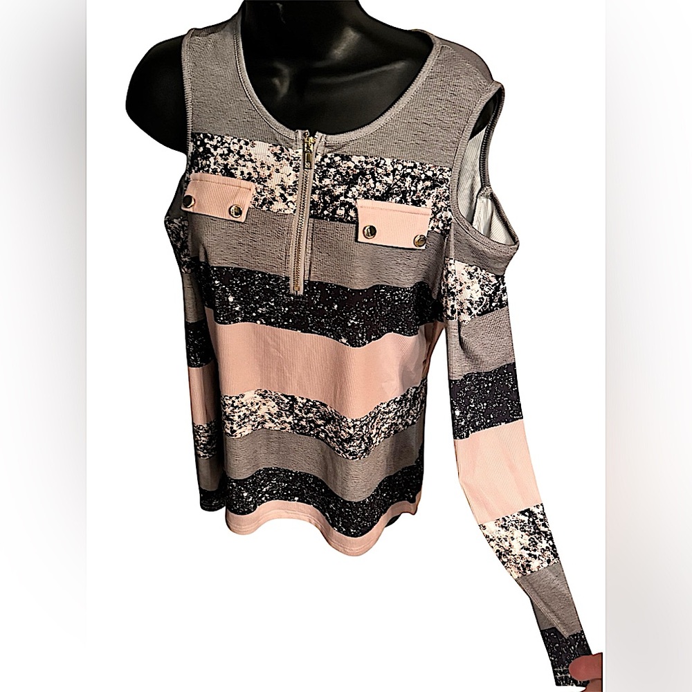 Cold-Shoulder Striped Zip-Front Women's Top in Blush and Gray